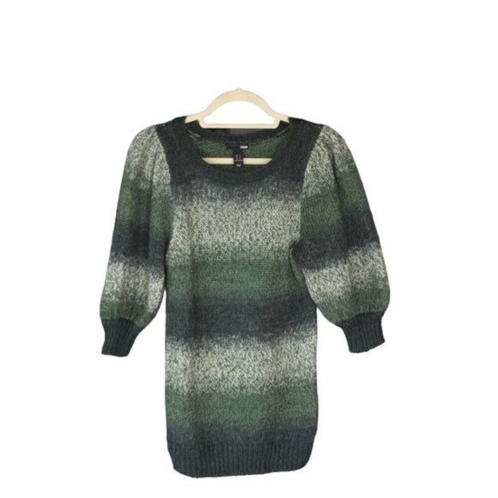 Women's H&M Forest Green Wool Blend Knit Pullover Sweater Puff Sleeves S